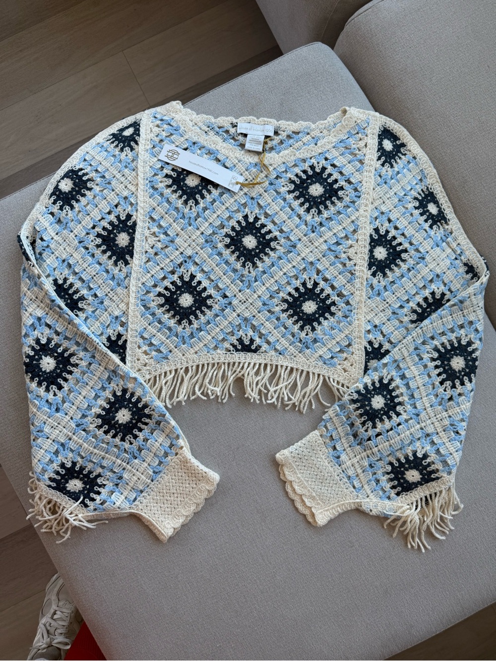 NWT House of Harlow 1960 Cream and Light Blue Crochet Top